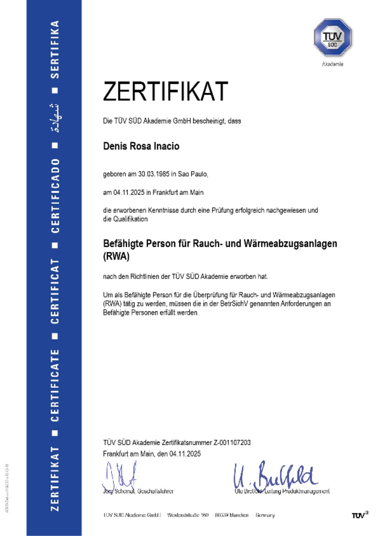 RWA TÜV Zertifikat bei DRI Elektrotechnik in Darmstadt